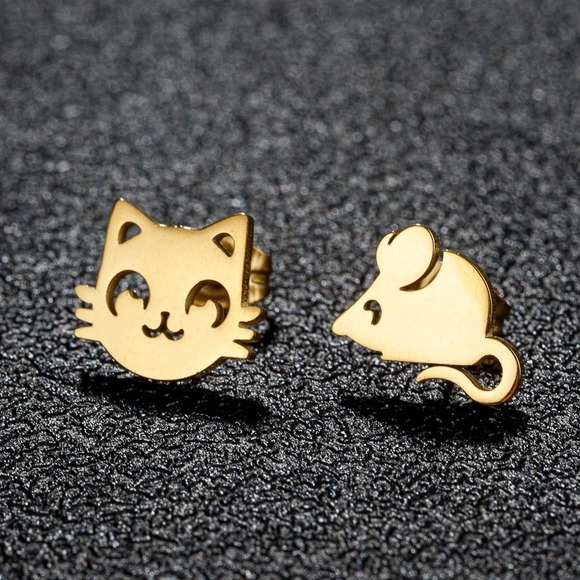 Cat and Mouse Earrings Mismatched Stud Earrings Animal Cute Gold Stainless Steel - Picture 1 of 6